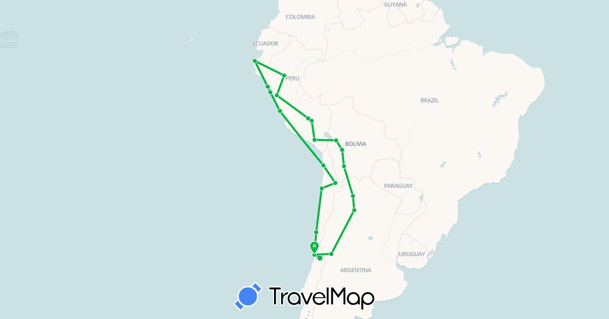 TravelMap itinerary: driving, bus in Argentina, Bolivia, Chile, Peru (South America)